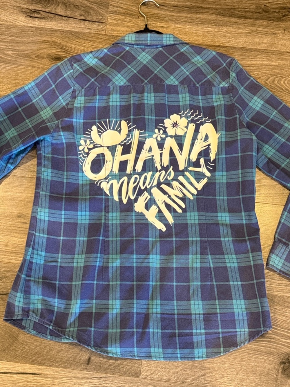 💜Disney Lilo & Stitch Ohana Means Family Plaid Button-Up Shirt Teal Navy
